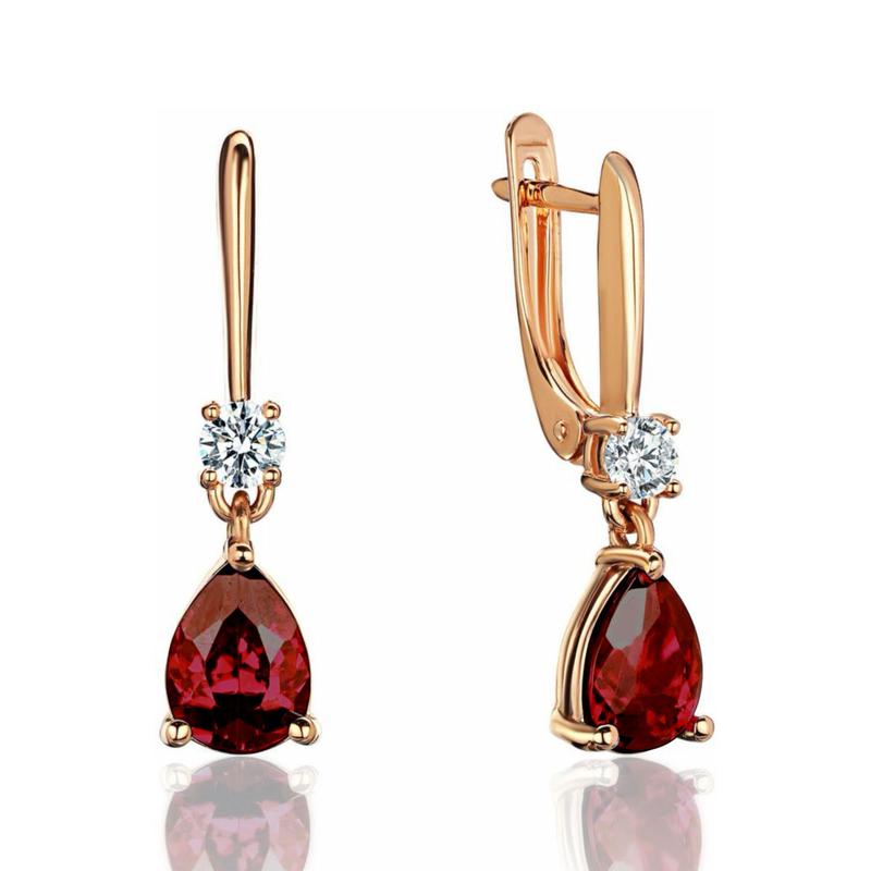 Серьги из красного золота 585 пробы с гранатами и фианитами